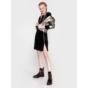 French Connection Black Velvet Sheath Dress Front Zip Mini Long Sleeve Size 8